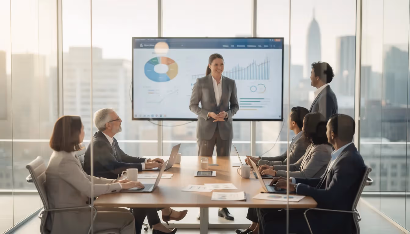 A diverse team of professionals is engaged in a meeting inside a glass-walled conference room, discussing strategies for penetration testing services to identify security weaknesses and enhance their organization's security posture against emerging cyber threats. The atmosphere is collaborative, with team members sharing actionable insights and focusing on critical vulnerabilities in their IT infrastructure.
