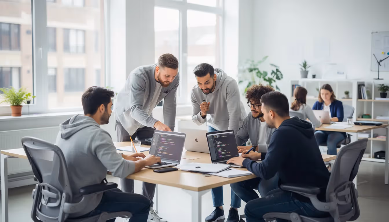 A group of software developers is collaborating on laptops in a bright, open office space, showcasing teamwork and innovation. This environment is ideal for addressing security vulnerabilities and enhancing the security posture of web applications through effective penetration testing services.
