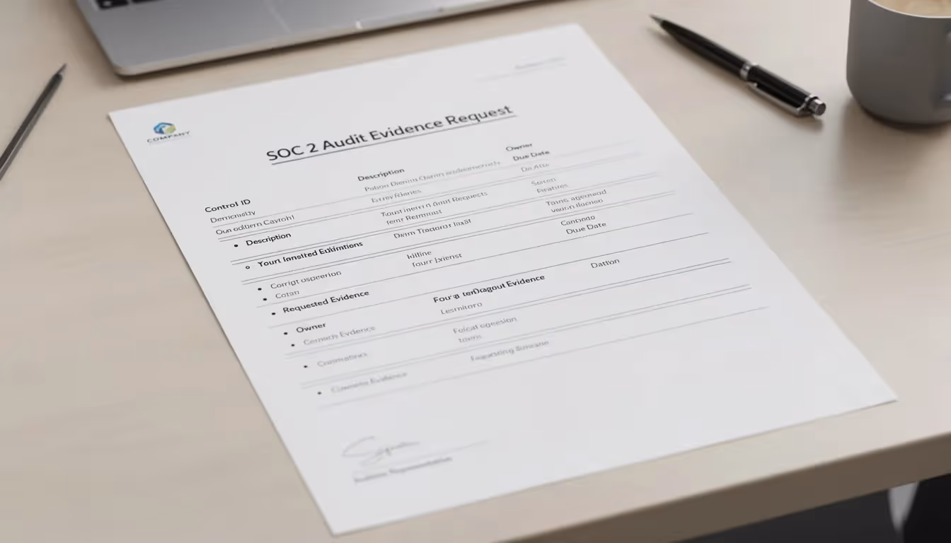 The image depicts a piece of paper featuring a SOC2 audit evidence request, outlining key elements such as the audit scope, security controls, and requirements for maintaining compliance with the five trust services criteria. This document is essential for organizations during their internal audits and certification audits to ensure effective management of information security risks and customer data.