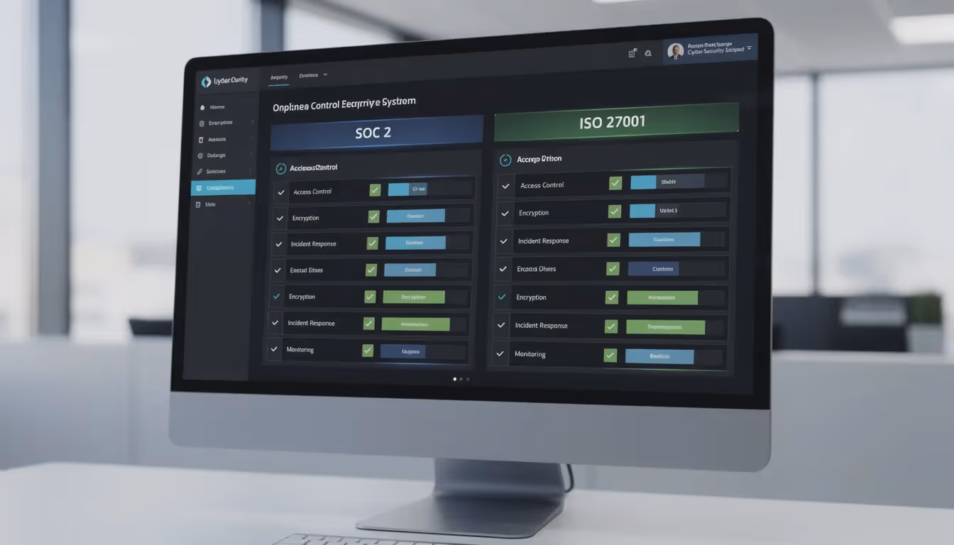 The image displays a screen showcasing the SOC 2 and ISO 27001 security controls relevant for a service organization, highlighting key elements such as internal audits, security controls, and regulatory compliance. It emphasizes the importance of maintaining compliance and operating effectiveness in handling sensitive customer data.