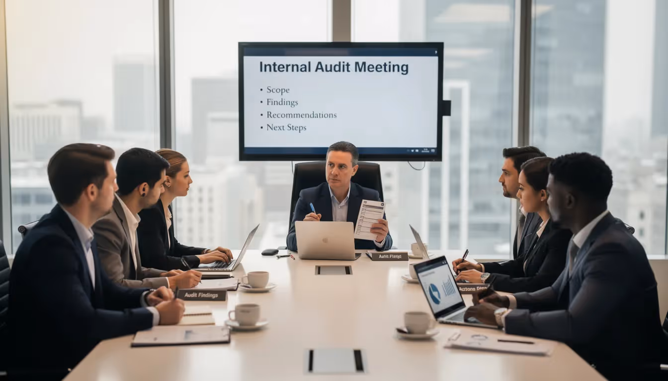 An internal auditor is leading a meeting with several auditees, discussing internal audits and the audit process to ensure compliance with security controls and regulatory requirements. The participants are engaged in a formal management review, focusing on the implementation of controls and addressing any audit findings related to data security and risk management.