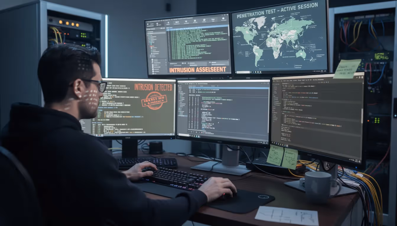 The image depicts a team of ethical hackers engaged in penetration testing, analyzing a computer system for security vulnerabilities such as insecure direct object references and broken access control. They are utilizing various security testing methods to identify weaknesses in web applications and ensure compliance with industry standards while maintaining access to sensitive data.
