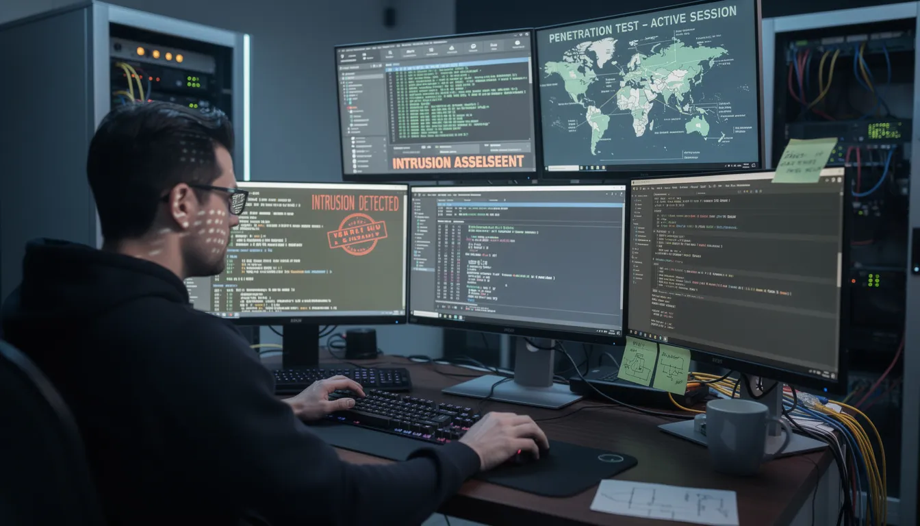 The image depicts a team of ethical hackers engaged in penetration testing, analyzing a computer system for security vulnerabilities such as insecure direct object references and broken access control. They are utilizing various security testing methods to identify weaknesses in web applications and ensure compliance with industry standards while maintaining access to sensitive data.