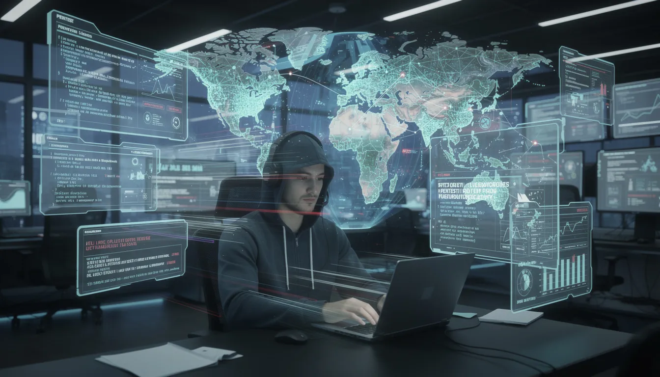 The image depicts a dynamic scene illustrating the concept of pentest speed and agility, showcasing various penetration testing methods such as gray box testing and black box testing. It highlights the importance of quick identification and exploitation of security vulnerabilities in target systems, emphasizing the role of penetration testers in simulating real-world attacks to enhance security posture.