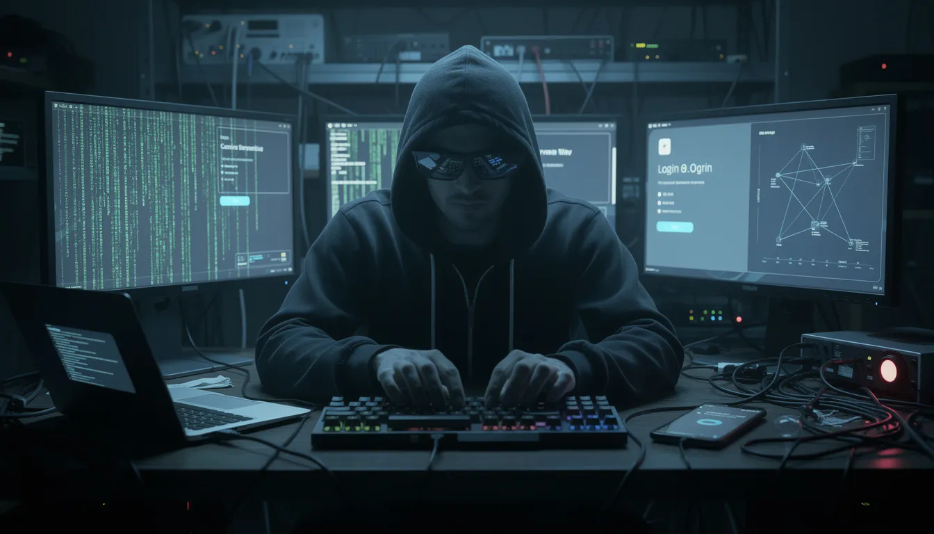 The image depicts a hacker attempting to gain unauthorized access to a computer, symbolizing the concept of penetration testing. This scenario highlights the potential security vulnerabilities that an external attacker may exploit, emphasizing the importance of gray box penetration testing to identify weaknesses in the target system.