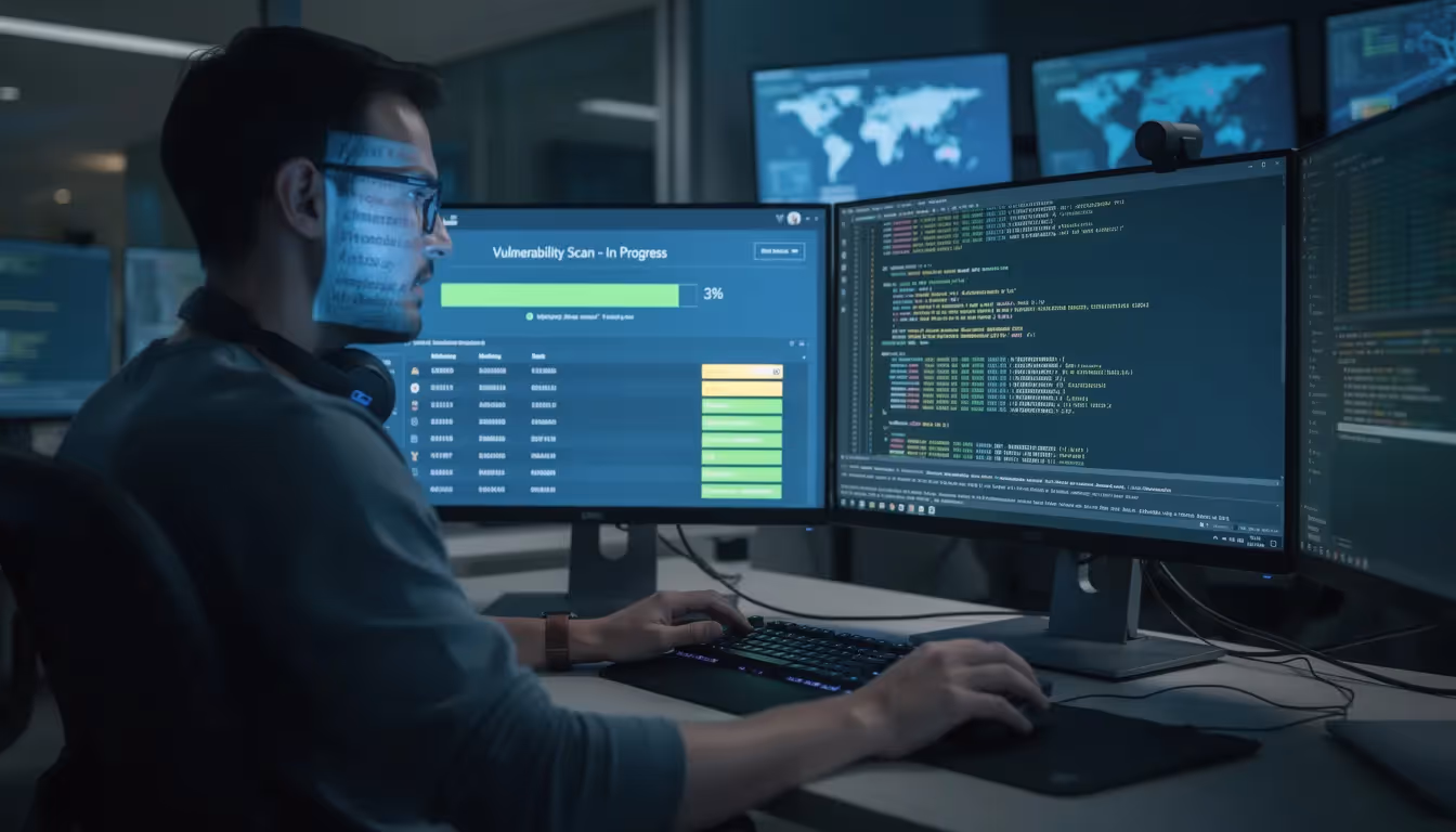 The image depicts a person initiating a vulnerability scan on a computer, utilizing automated scanning tools to identify potential security weaknesses in their IT infrastructure. This process is essential for detecting security vulnerabilities and ensuring data security against potential threats.