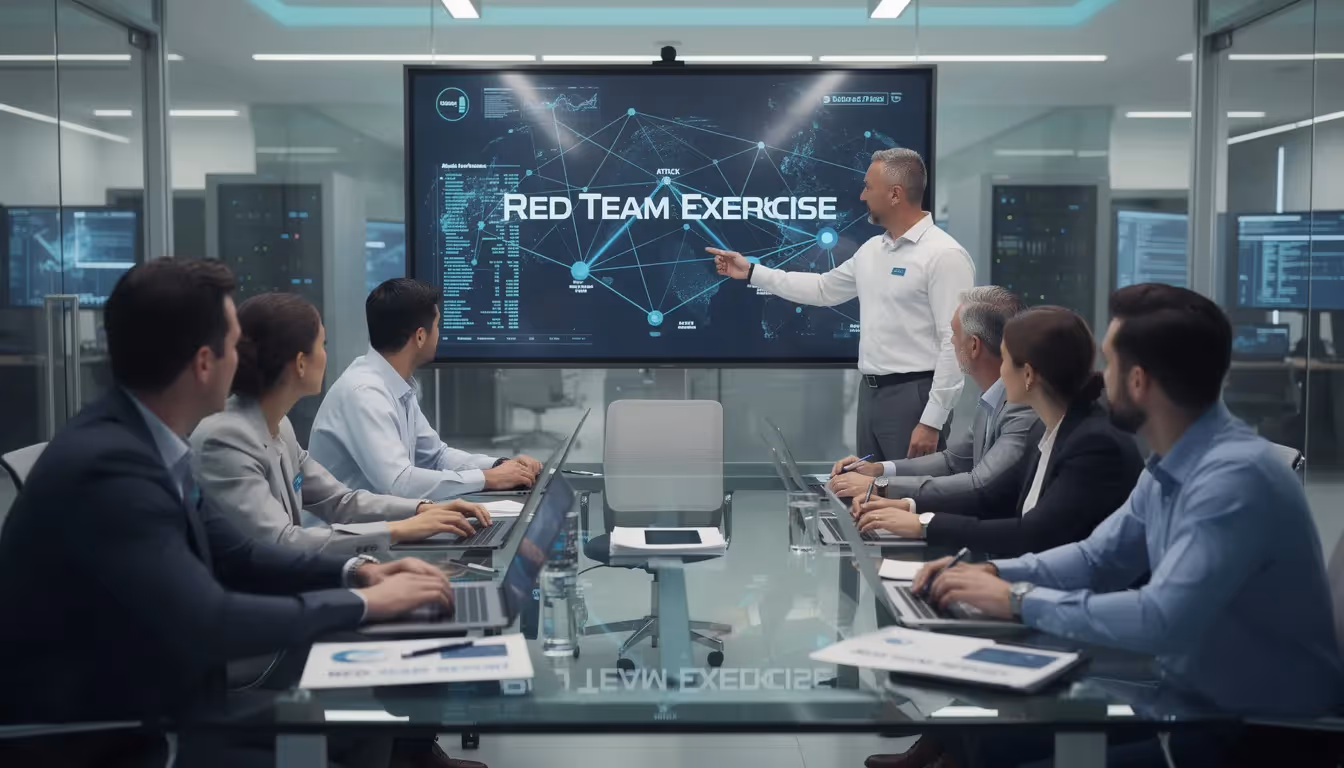 A group of cybersecurity professionals from the red and blue teams are gathered in a meeting room, discussing the outcomes of a recent red team exercise. They are focused on enhancing the organization's security posture by sharing insights on security gaps, incident response capabilities, and strategies for improving blue team defenses against emerging cyber threats.