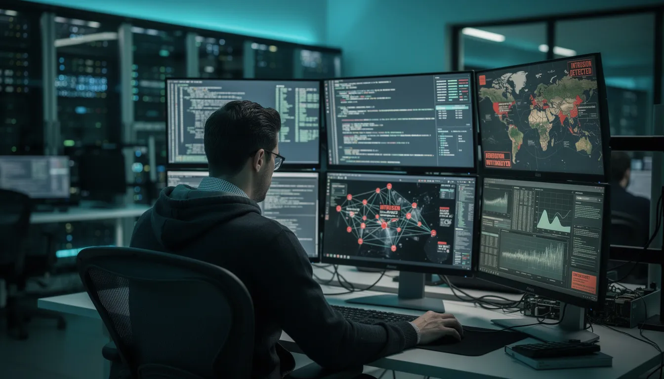 A person is intently checking their console, monitoring for potential cyber attacks as part of their blue team operations. This scene highlights the importance of threat detection and incident response capabilities in maintaining an organization's cybersecurity defenses.