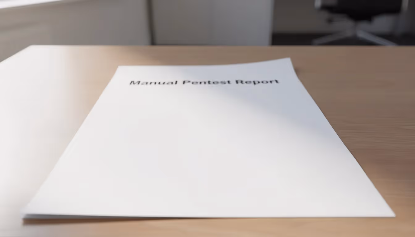 The image shows a manual penetration testing report placed on a table, highlighting the importance of human expertise in identifying vulnerabilities that automated tools may overlook. It emphasizes the nuanced understanding required to uncover complex business logic flaws and the value of detailed reports in assessing an organization's overall security posture.