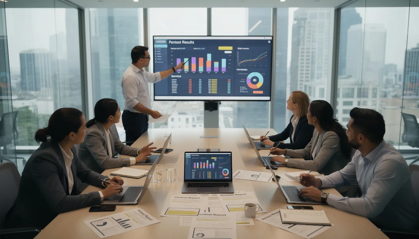 In a meeting room, a group of people is actively discussing the results of a Pentest Report, focusing on business logic vulnerabilities that may arise in web applications and the implications of flawed logic on business processes. They are analyzing potential vulnerabilities and how these could allow attackers to exploit legitimate functionality, emphasizing the importance of careful analysis and robust security controls.