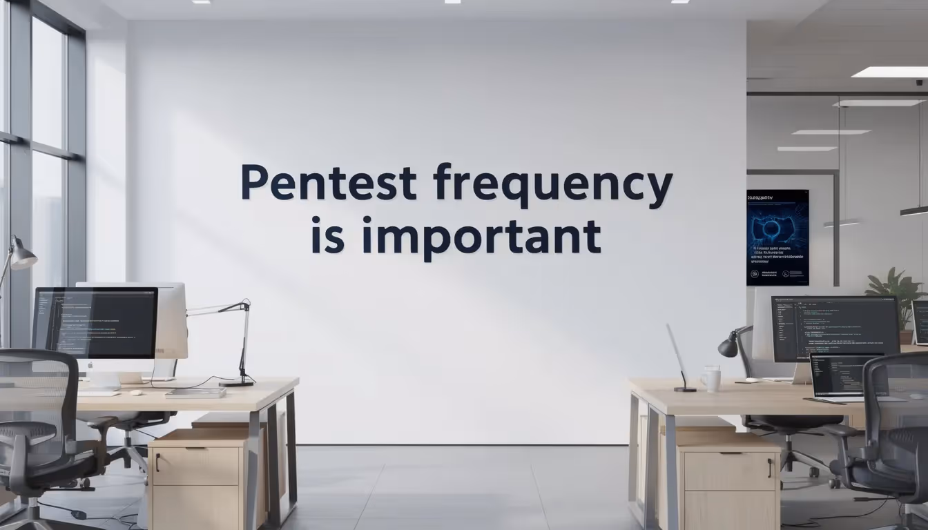 The image depicts a wall in an office with the phrase "Pentest frequency is important" prominently displayed, emphasizing the significance of regular penetration testing to maintain an organization's security posture. This message highlights the need for continuous assessments and frequent testing to protect sensitive data and mitigate security vulnerabilities.