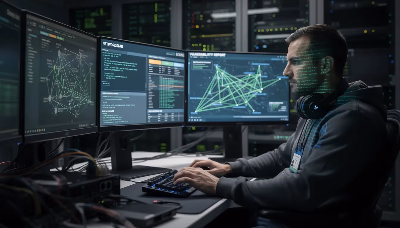 The image depicts a penetration tester engaged in a security testing session, analyzing the network infrastructure to identify vulnerabilities and enhance the security posture of a client's internal systems. This pentest is crucial for startups to ensure compliance with regulatory requirements and protect sensitive data from potential data breaches.