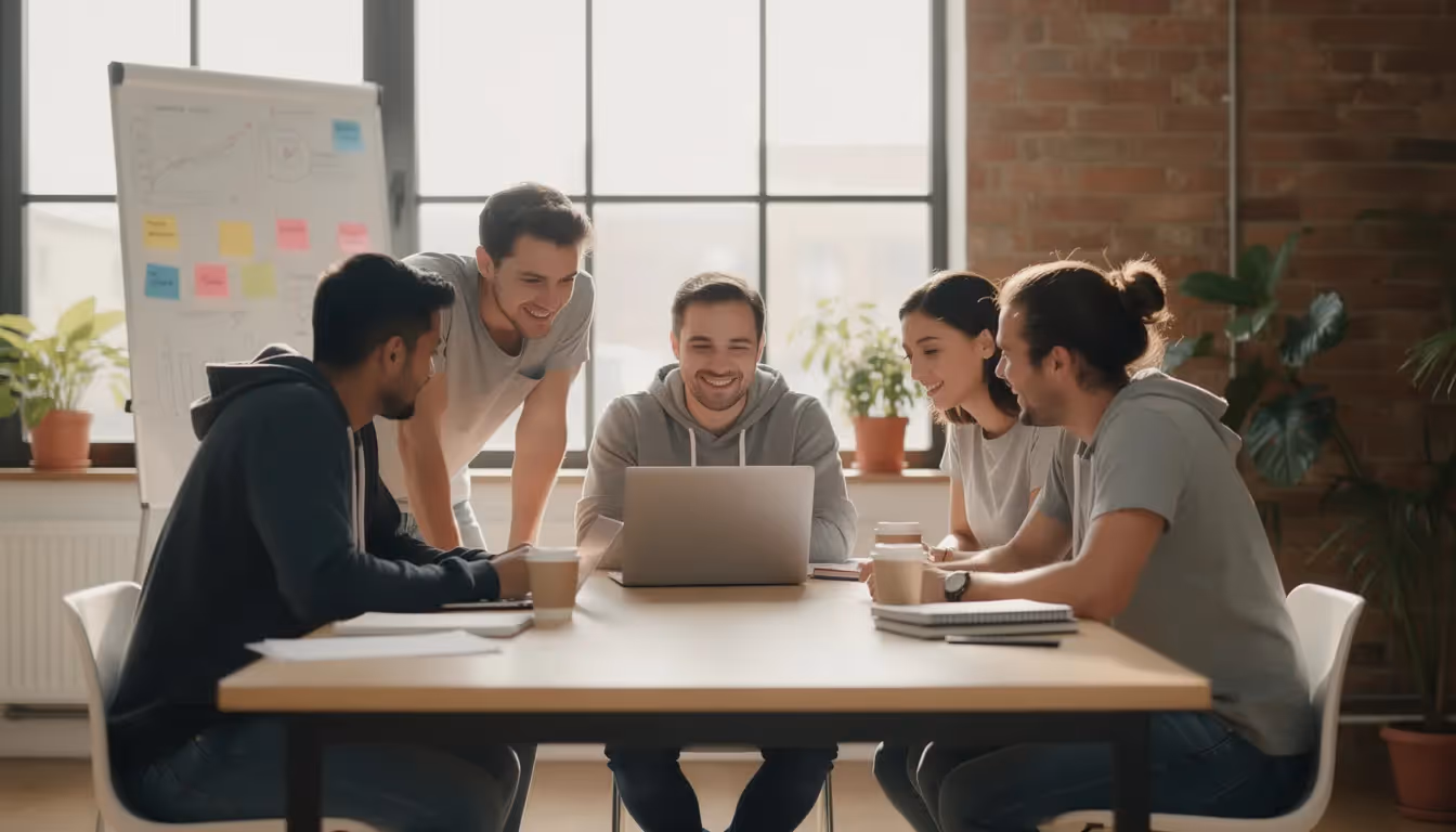 The image depicts a small startup team collaborating around laptops in a modern office space, emphasizing a dynamic work environment. The scene reflects the importance of data security and operational effectiveness, as the team engages in discussions about their organization's data security controls and compliance with SOC 2 standards.
