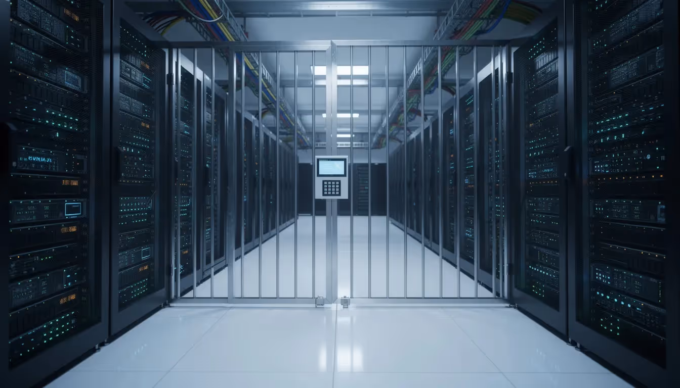 The image depicts a secure data center filled with server racks, each adorned with blinking lights, representing the organization's commitment to protecting sensitive customer data through strong security controls. This facility is designed to ensure operational effectiveness and compliance with SOC 2 standards, safeguarding against data breaches and maintaining a robust security posture for business partners and service organizations.