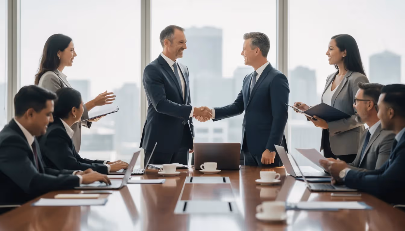 The image depicts business professionals shaking hands after a meeting, symbolizing a successful partnership focused on trust and collaboration. This interaction highlights the importance of strong internal controls and data security, essential for maintaining SOC 2 compliance and protecting sensitive customer data.
