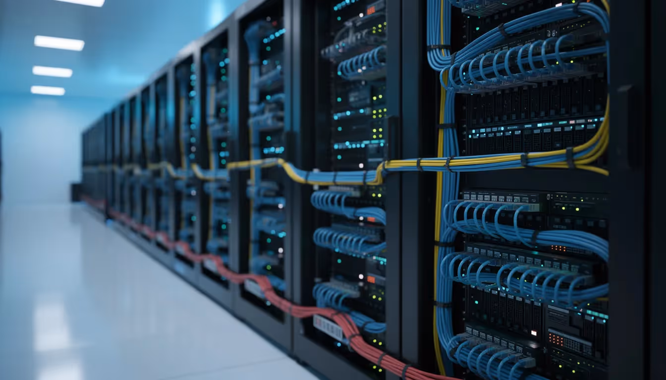 The image depicts a cloud server room filled with network cables and blinking lights, illustrating a high-tech environment essential for data security and processing integrity. This setting is critical for service organizations to store customer data securely and ensure compliance with applicable trust service criteria, thereby protecting sensitive data from potential breaches.