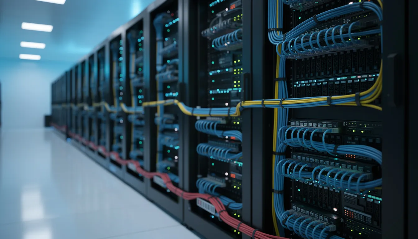 The image depicts a cloud server room filled with network cables and blinking lights, illustrating a high-tech environment essential for data security and processing integrity. This setting is critical for service organizations to store customer data securely and ensure compliance with applicable trust service criteria, thereby protecting sensitive data from potential breaches.