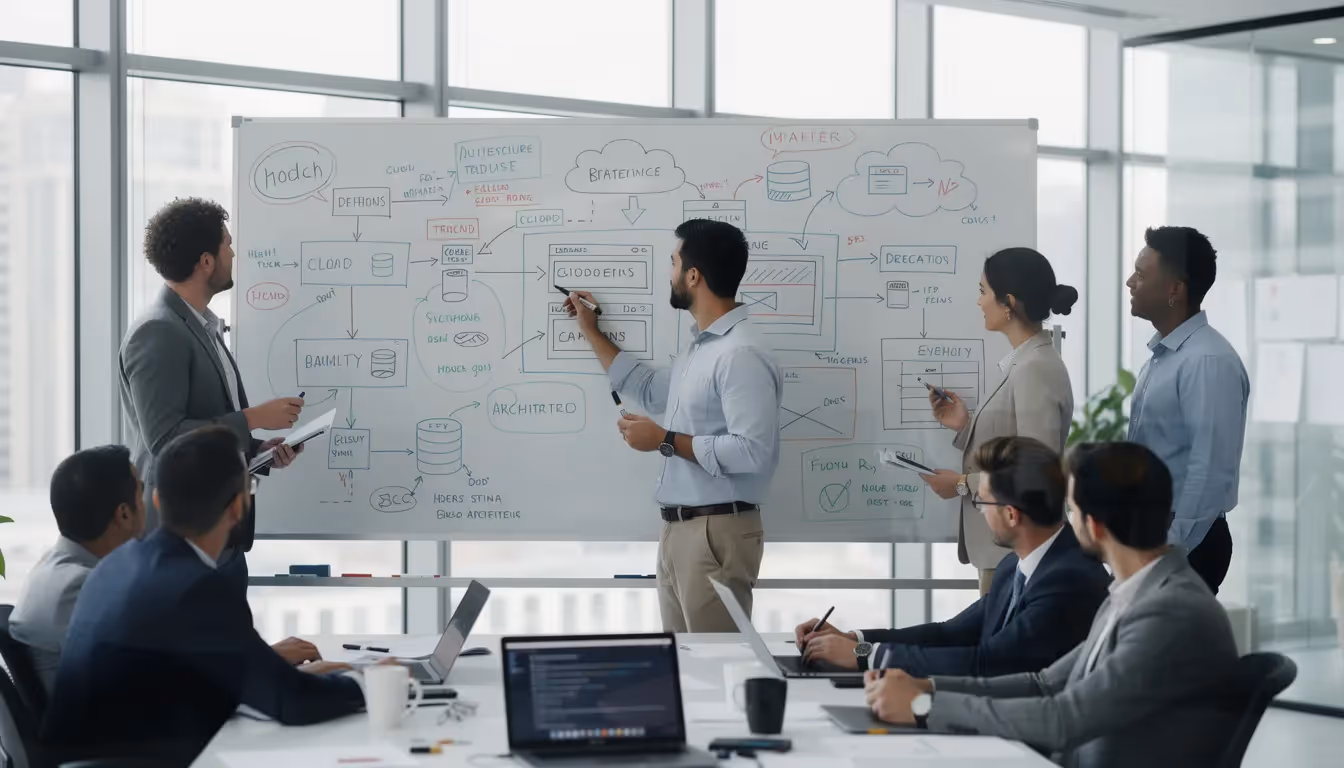A group of team members is collaborating around a whiteboard filled with architectural diagrams, discussing their service organization's controls and internal processes related to data security and processing integrity. The scene highlights their focus on ensuring compliance with applicable trust service criteria and preparing for the SOC 2 audit process.