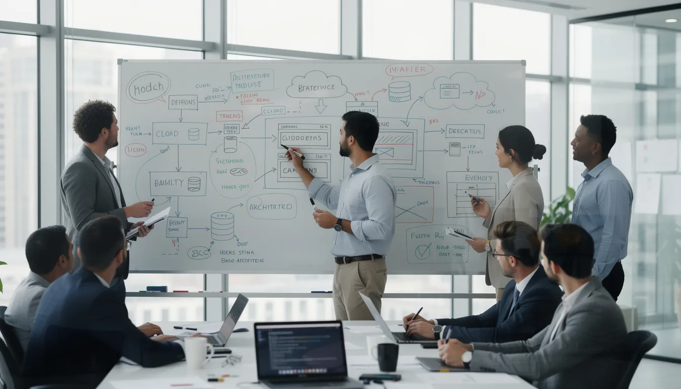 A group of team members is collaborating around a whiteboard filled with architectural diagrams, discussing their service organization's controls and internal processes related to data security and processing integrity. The scene highlights their focus on ensuring compliance with applicable trust service criteria and preparing for the SOC 2 audit process.