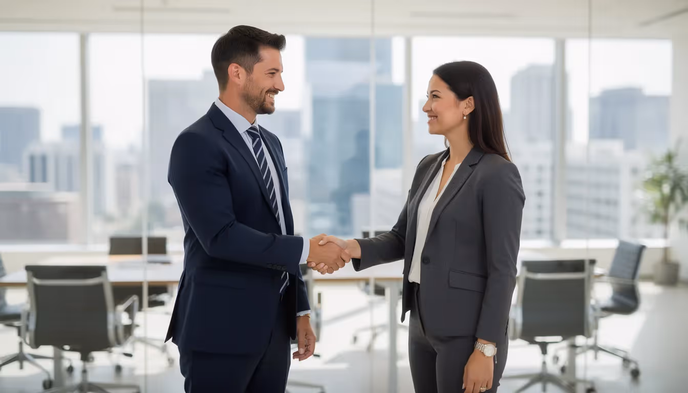 The image depicts two business professionals shaking hands in a modern office setting, symbolizing a partnership focused on trust and collaboration. This interaction reflects the importance of service organizations in maintaining processing integrity and adhering to applicable trust service criteria to protect sensitive customer data.