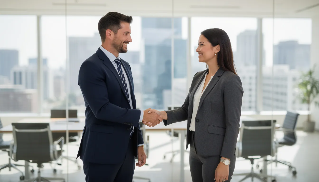 The image depicts two business professionals shaking hands in a modern office setting, symbolizing a partnership focused on trust and collaboration. This interaction reflects the importance of service organizations in maintaining processing integrity and adhering to applicable trust service criteria to protect sensitive customer data.