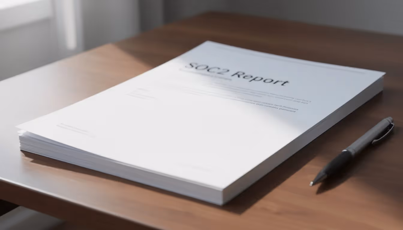 The image features a piece of paper placed on a desk, prominently displaying the title "SOC2 Report." This document pertains to the service organization's internal controls and is essential for demonstrating compliance with trust services criteria related to data security and processing integrity for prospective customers.