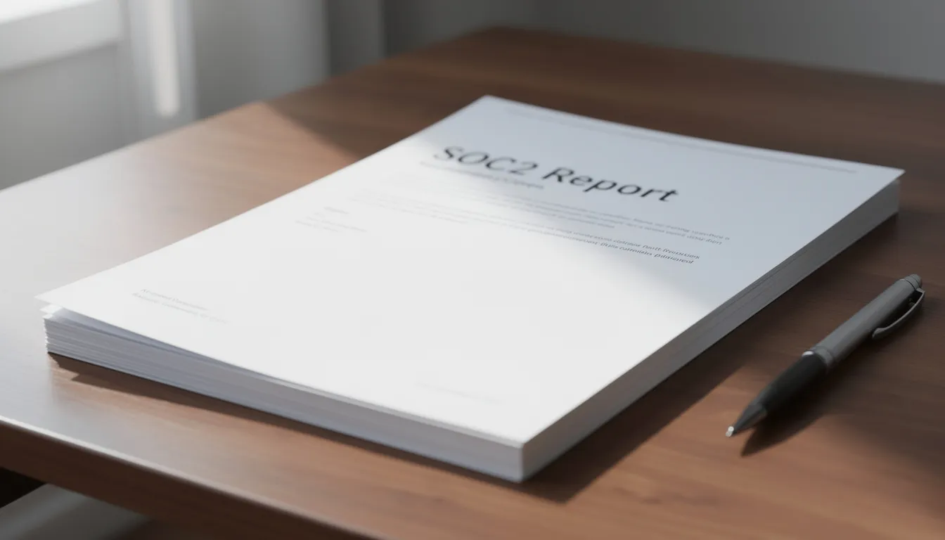 The image features a piece of paper placed on a desk, prominently displaying the title "SOC2 Report." This document pertains to the service organization's internal controls and is essential for demonstrating compliance with trust services criteria related to data security and processing integrity for prospective customers.