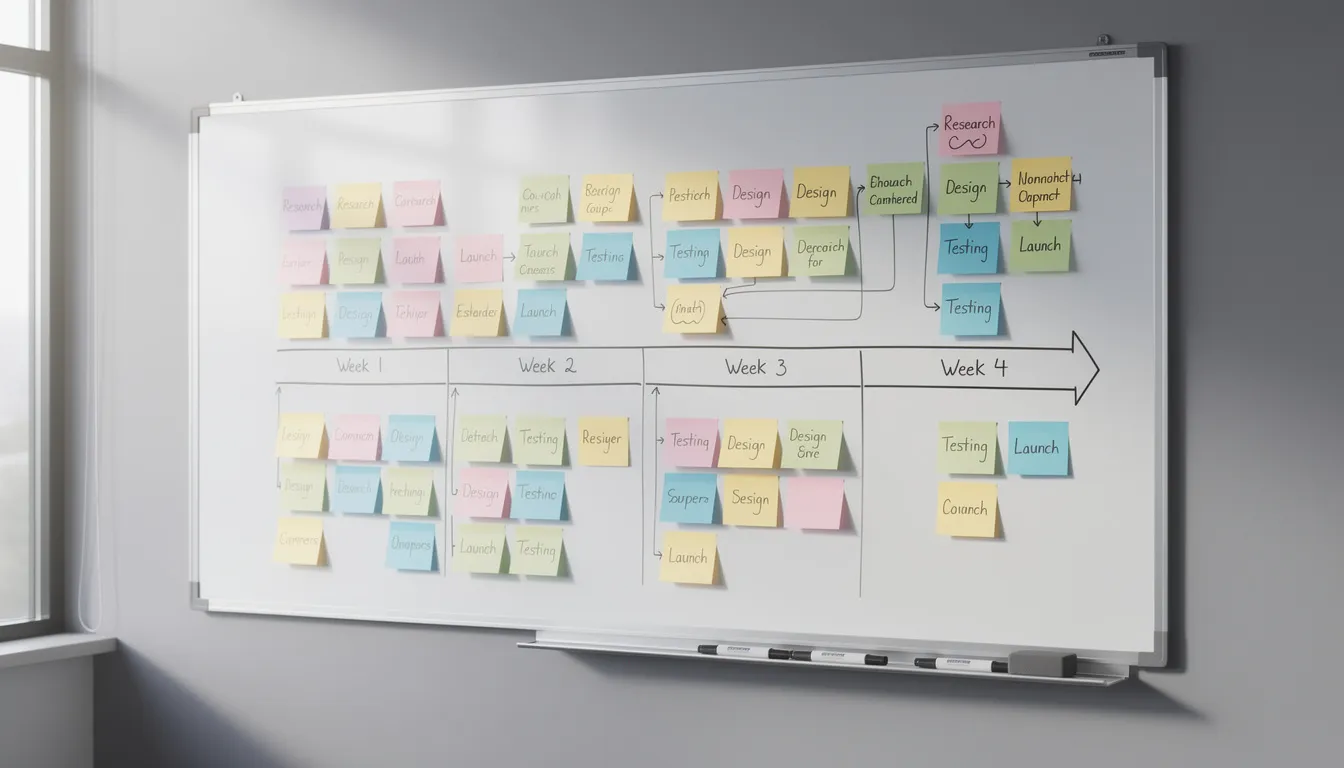 The image features a planning board filled with colorful sticky notes organized around a timeline, illustrating various stages of financial reporting processes and internal controls. This visual aids in understanding the operational effectiveness of a service organization's management in relation to SOC 2 and SOC 3 reports.