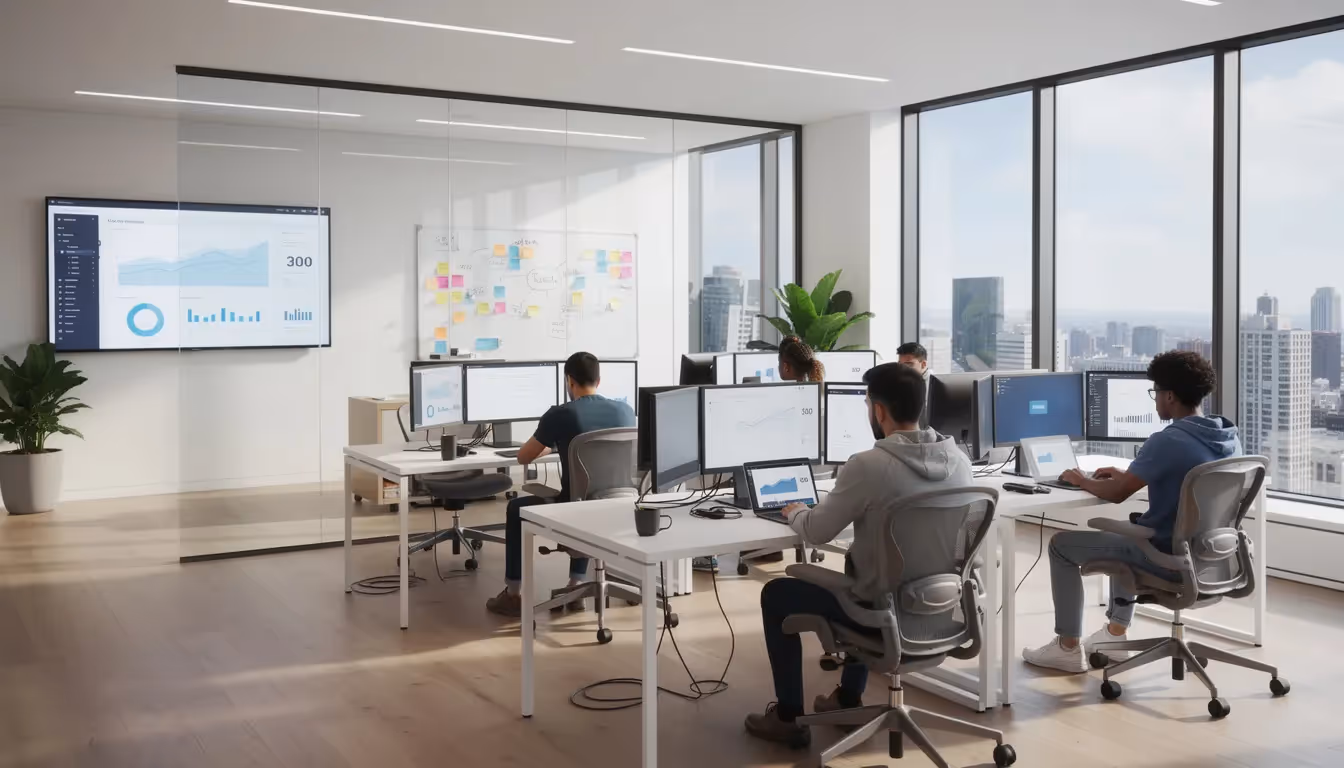 The image depicts a modern SaaS startup office where developers are focused on their work at computers, showcasing a collaborative environment that emphasizes data security and effective internal controls essential for financial reporting processes. This vibrant workspace reflects the operational effectiveness and innovative spirit of service organizations in the tech industry.