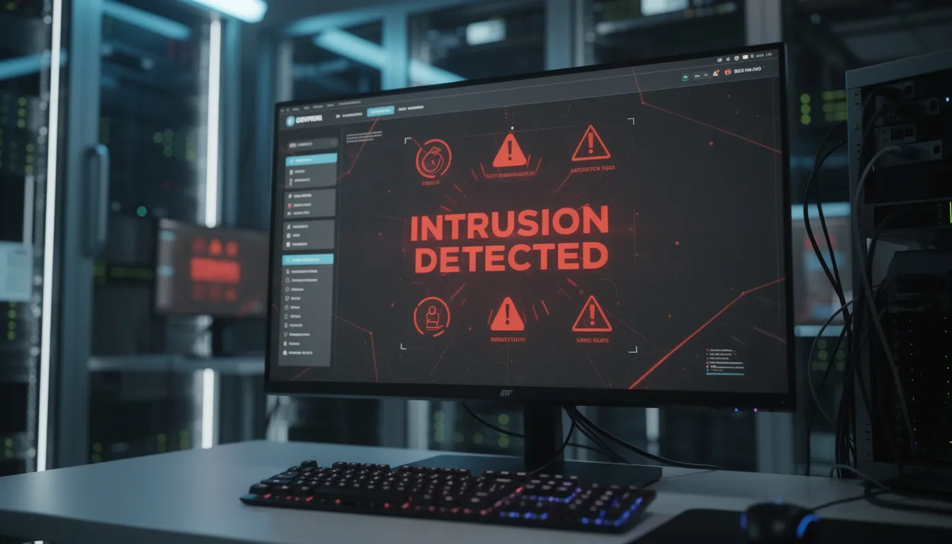 The image depicts a computer screen displaying a warning message indicating "intrusion detected," highlighting potential security risks and the need for robust monitoring controls to ensure the integrity and confidentiality of sensitive information. This situation emphasizes the importance of adhering to the SOC 2 trust services criteria to mitigate risks and maintain a secure control environment.
