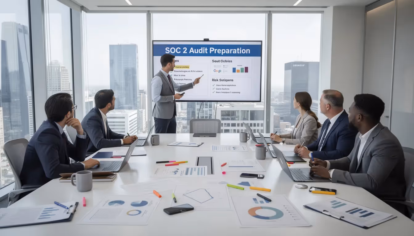 In a meeting room, a group of professionals is gathered to prepare for a SOC 2 audit, discussing the five trust services criteria including security, availability, and confidentiality. They are focused on identifying areas for risk mitigation and ensuring compliance with the necessary control activities to protect sensitive customer data.