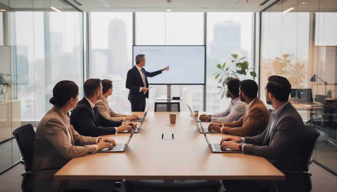 The image depicts a professional team meeting in a conference room, where individuals are engaged with laptops, discussing topics related to SOC 2 compliance and the organization's internal controls. The setting emphasizes collaboration on processing integrity and protecting sensitive customer data, highlighting the importance of security controls and risk management in service organizations.