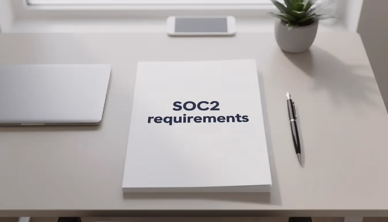 The image depicts a cover document placed on an office table, prominently titled "SOC2 Requirements." This document outlines essential controls for service organizations to protect sensitive data and ensure compliance with the five trust services criteria, focusing on security, availability, processing integrity, confidentiality, and privacy.