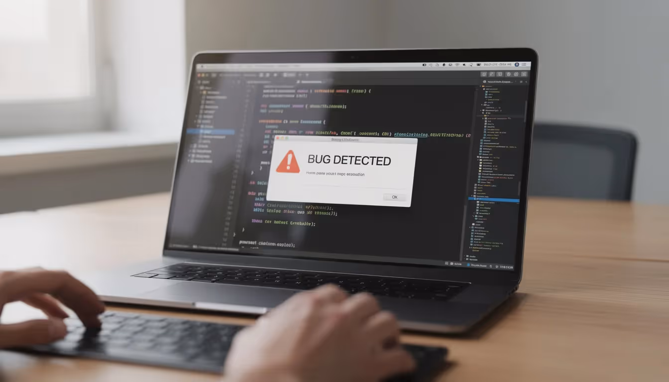The image displays a computer screen with a notification indicating that a bug has been detected during web application penetration testing. It emphasizes the importance of identifying vulnerabilities to protect sensitive information from malicious attackers.