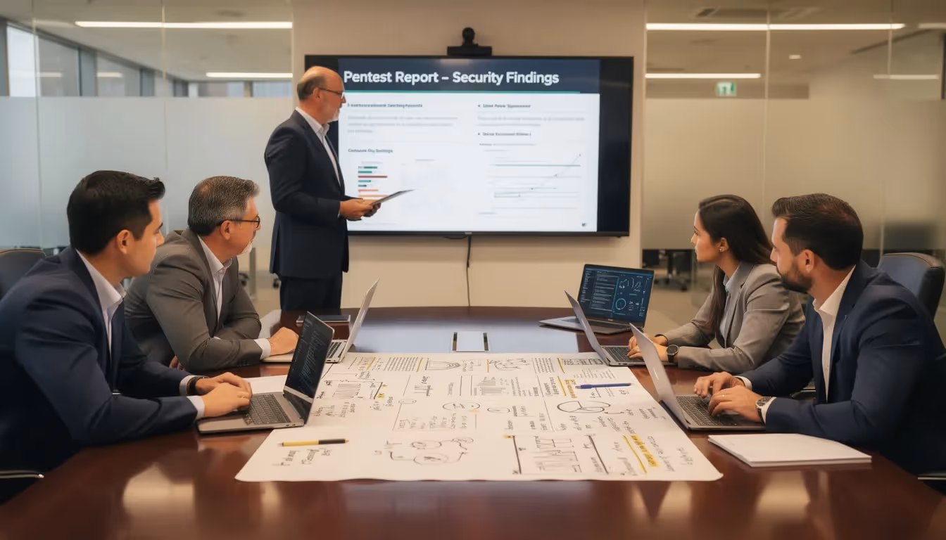 A diverse group of professionals is gathered in an office, intently reviewing a penetration testing report that highlights security vulnerabilities within cloud environments. They are discussing strategies for improving their overall security posture and securing cloud infrastructure against potential threats.