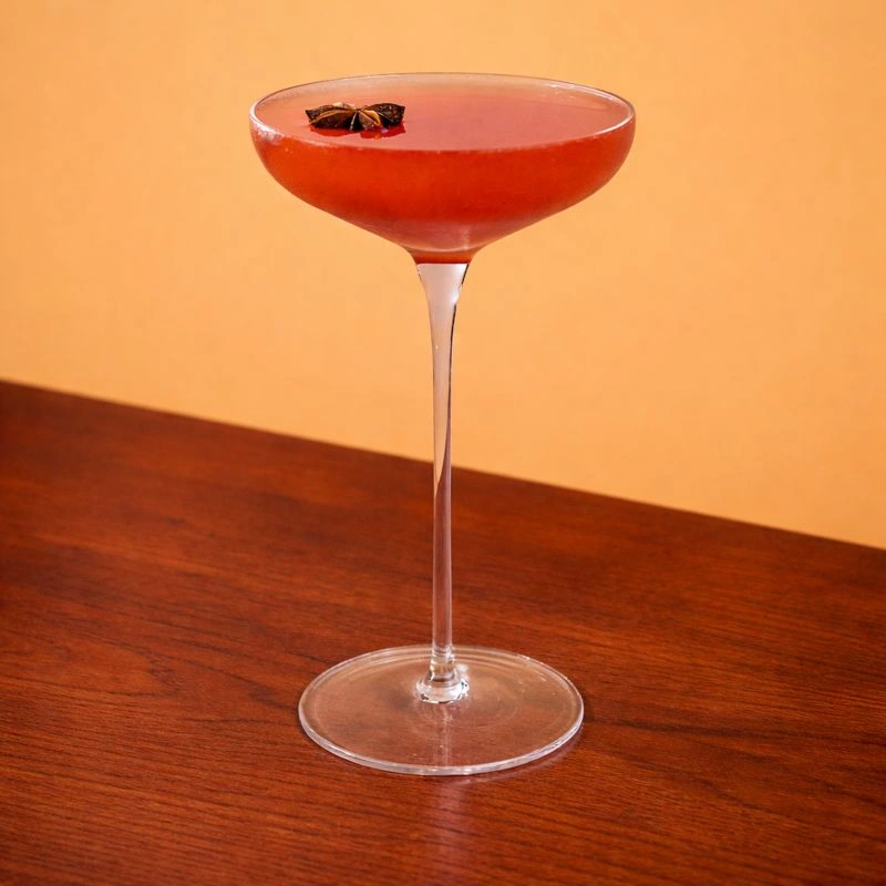 Cocktail made with brandy, orange liqueur, pumpkin spice syrup, cranberry juice and fresh lime juice on a lilac background.