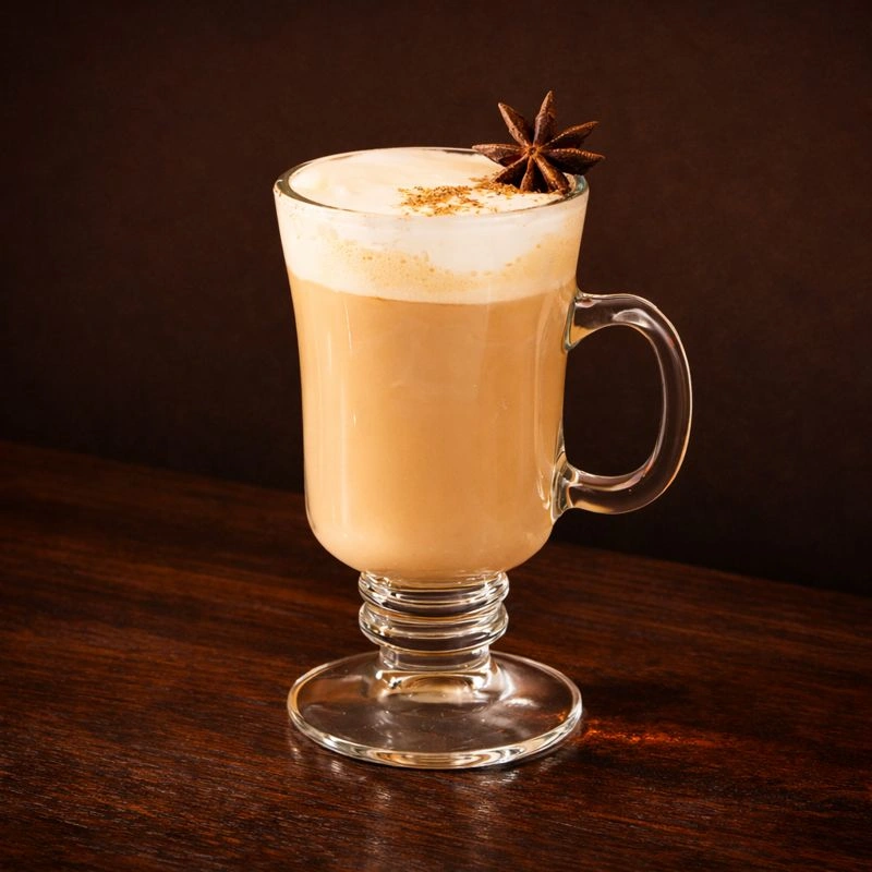 Coffee made with espresso, pumpkin spice syrup, frothed milk and spices on a yellow background.