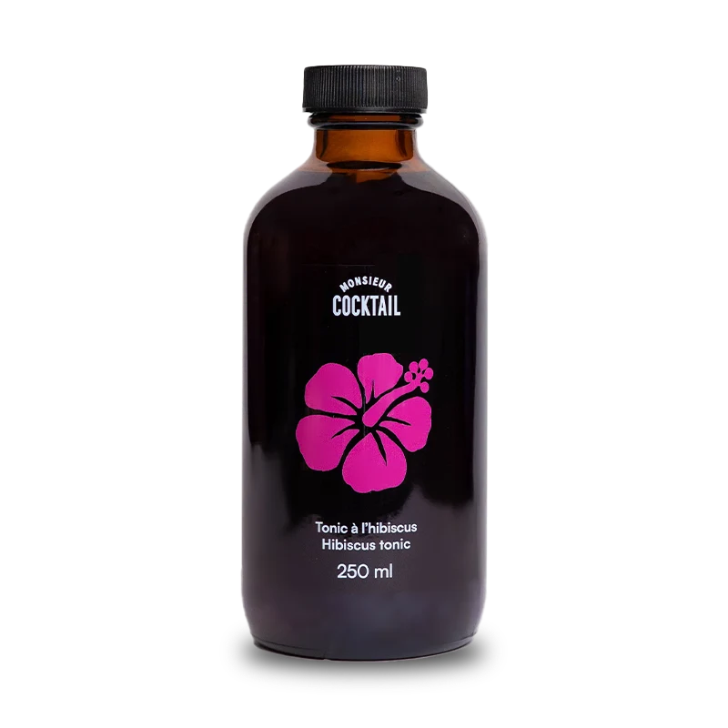 Bouteille de 250 ml de Tonic à l'hibiscus Monsieur Cocktail sur fond transparent.