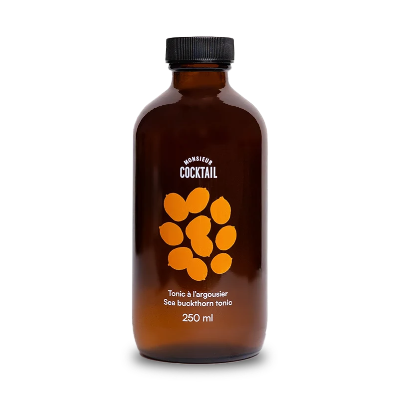 Bouteille de 250 ml de Tonic à l'argousier Monsieur Cocktail sur fond transparent.
