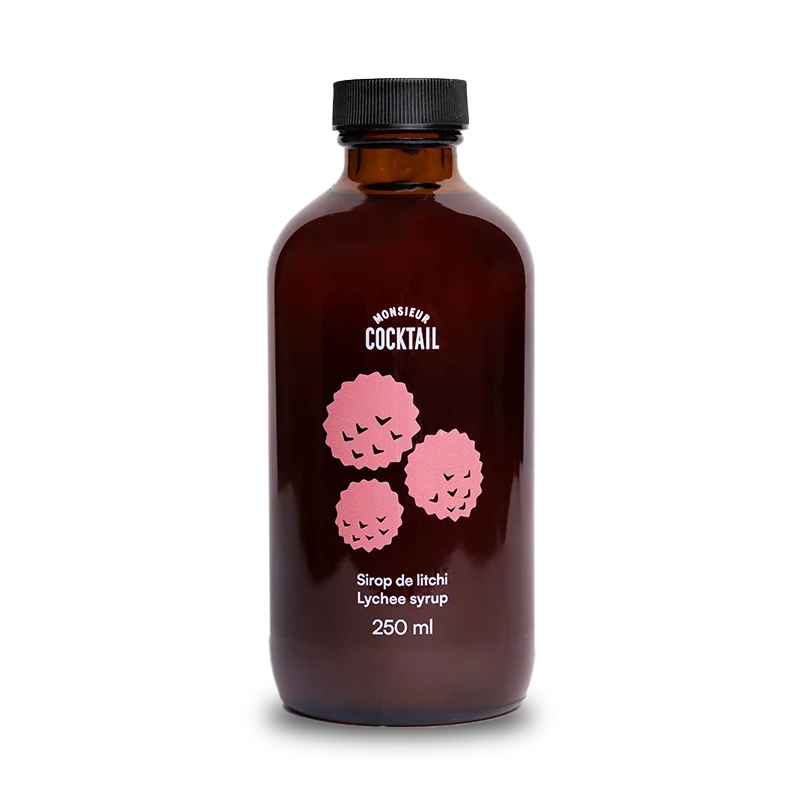 250 ml bottle of Monsieur Cocktail Lychee Syrup on a transparent background.