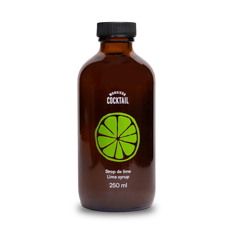 250 ml bottle of Monsieur Cocktail Lime Syrup on a transparent background.