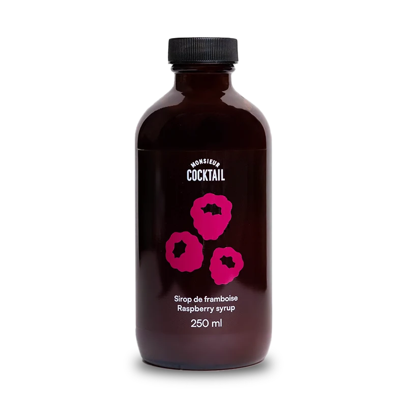 Bouteille de 250 ml de Sirop de framboise Monsieur Cocktail sur fond transparent.