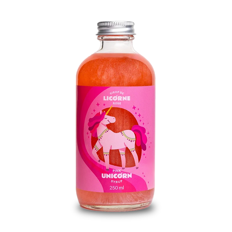 Bouteille de 250 ml de Sirop de licorne rose Monsieur Cocktail sur fond transparent.