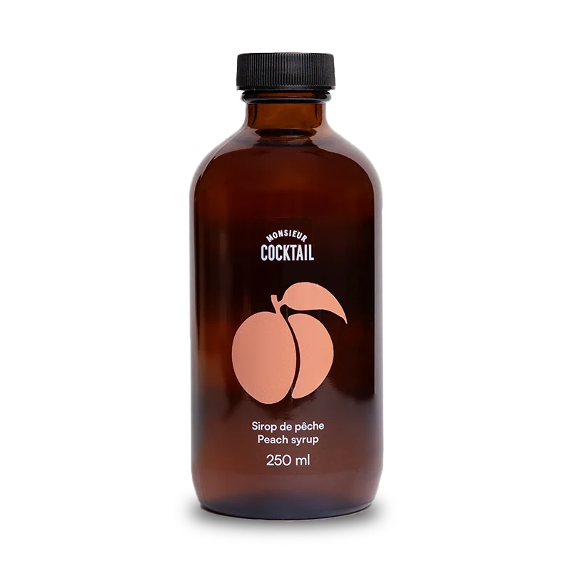 250 ml bottle of Monsieur Cocktail Peach Syrup on a transparent background.