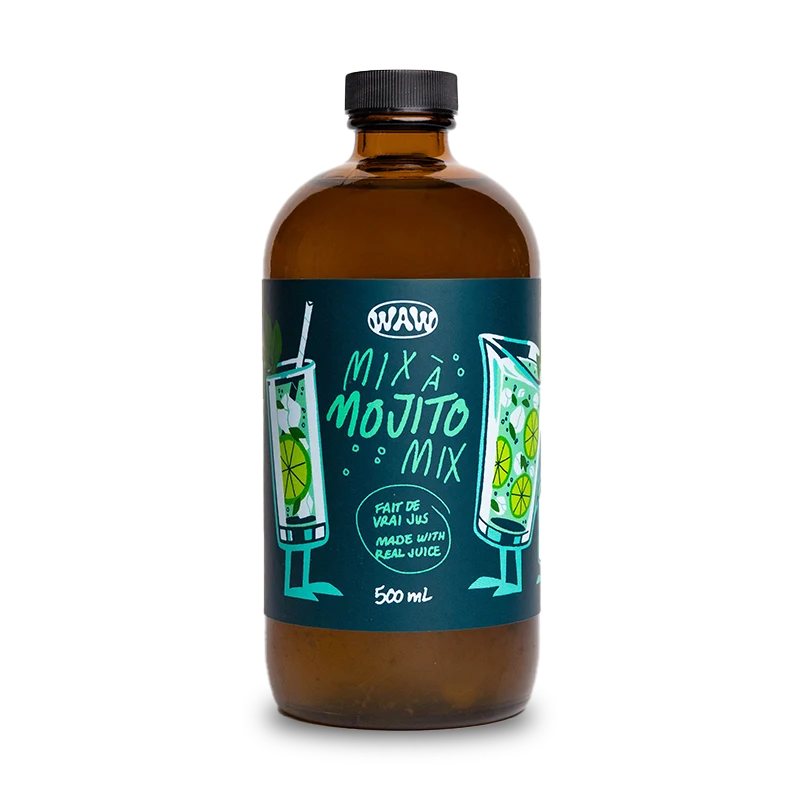 Bouteille de 500 ml de Mix à Mojito WAW sur fond transparent.
