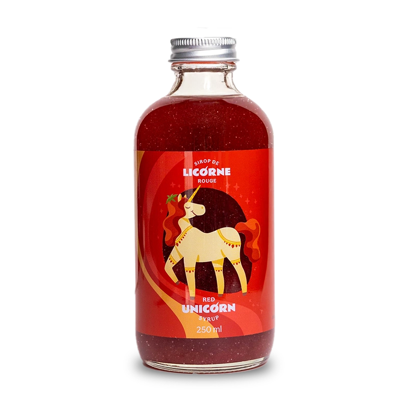 Bouteille de 250 ml de Sirop de licorne rouge Monsieur Cocktail sur fond transparent.