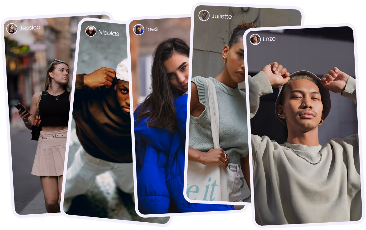 Collage de cinq portraits individuels : Jessica marchant dans la rue, Nicolas ajustant sa casquette, Ines en manteau bleu, Juliette portant un sac blanc, et Enzo ajustant son chapeau.