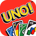 Close-up of a red UNO! card deck box with colorful UNO cards partially visible.