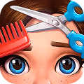 Close-up of a animated character's face with large blue eyes, scissors cutting hair near a red comb.
