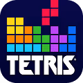 Colorful Tetris blocks arranged above the white TETRIS logo on a dark background.